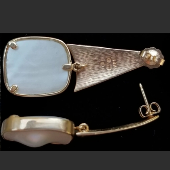 Earrings 14k Gold Blister Pearl Drop Vintage -Gemstone Earrings-Estate  9.6g - Picture 9 of 12